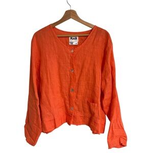 FLAX bright orange 100% linen button down boxy shirt light jacket size Large